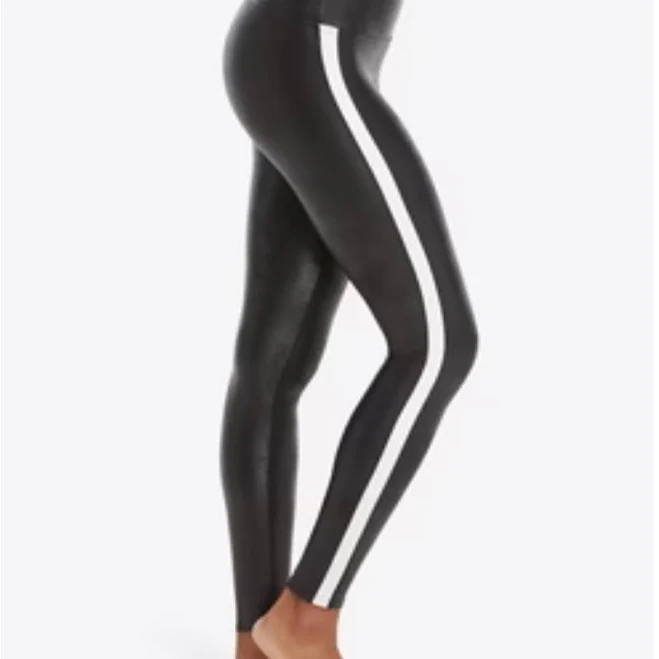 Spanx Pants & Jumpsuits Spanx Black Faux Leather Leggings White Side Stripe