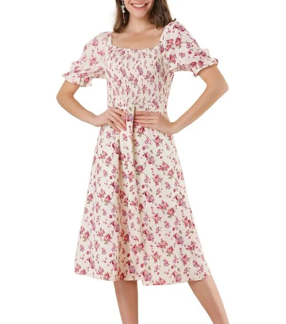 Women's Daring Diva Square Neck Puff Sleeves Smocked Waist Midi Floral Dres