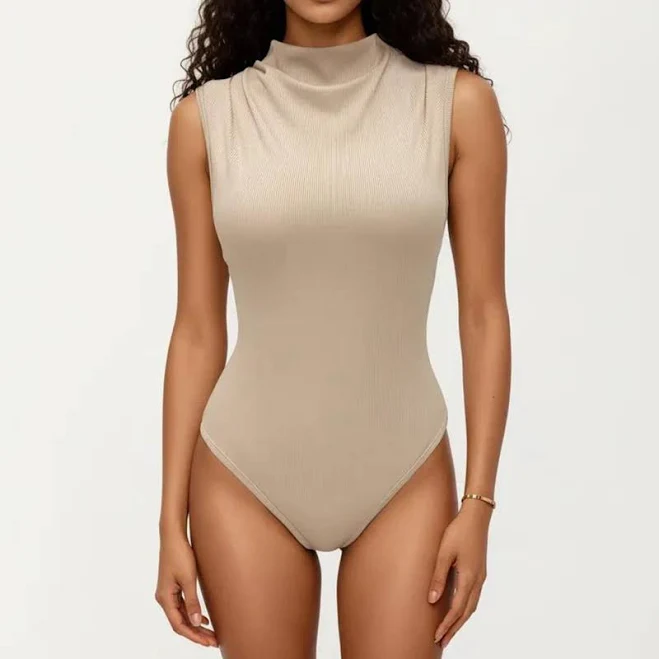 Anna-Kaci Sleeveless Ribbed Knit Bodysuit with Mock Neck
