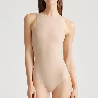 Women's Second Skin High Neck Bodysuit in Sand, Size Small, Nylon/Spandex by Qui